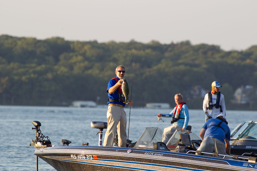 fishing in a boat with an electric trolling motor