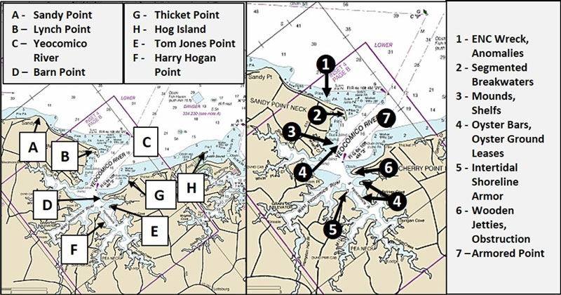 chart of fishing hotspots in the yeocomico river